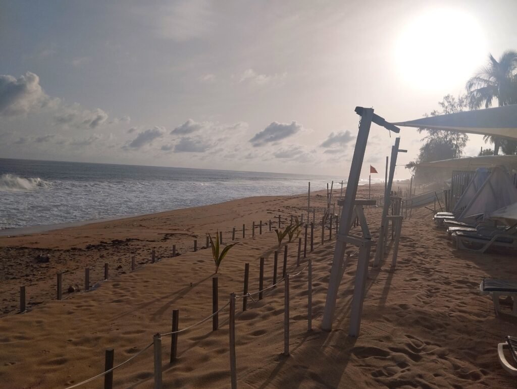 Hamacs installés sous les cocotiers sur la plage devant l’hôtel La Madrague à Grand-Bassam.