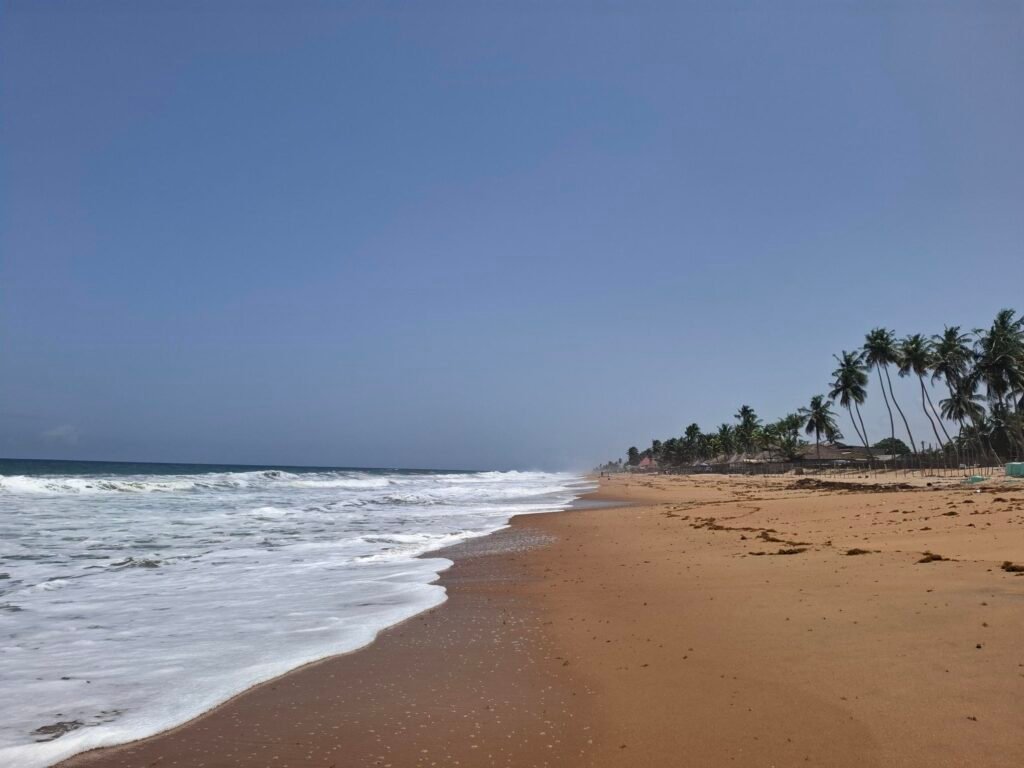 Plage de sable fin à Grand-Bassam, bordée de cocotiers et s’étendant le long de l’océan Atlantique.