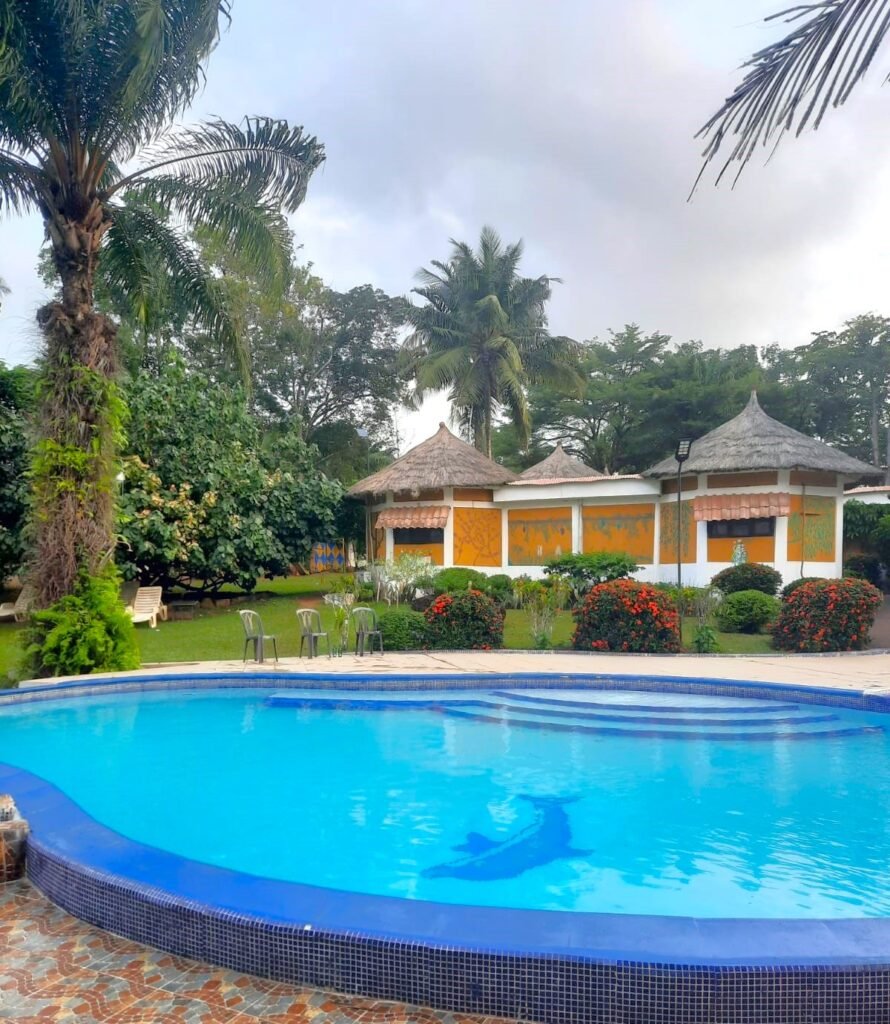 Vue sur la piscine de l’Hôtel Ravin, entourée de palmiers et de bungalows, sous un ciel ensoleillé.