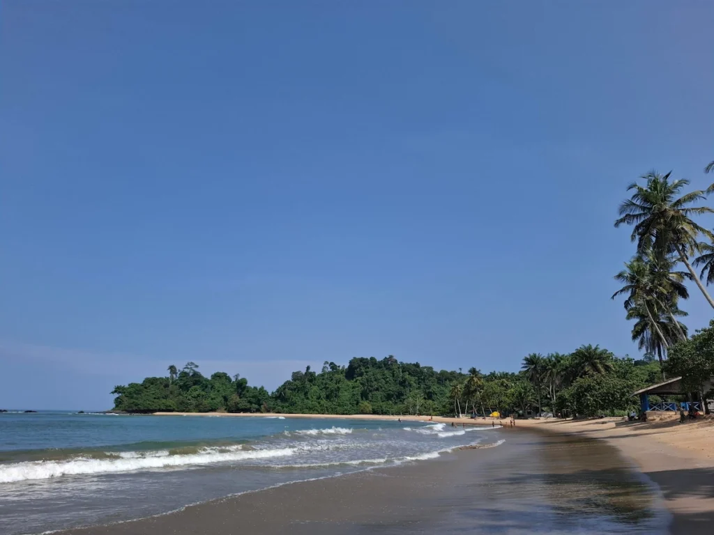 Plage de Monogaga en Côte d’Ivoire, avec sable clair, vagues douces et cocotiers sous un ciel bleu.