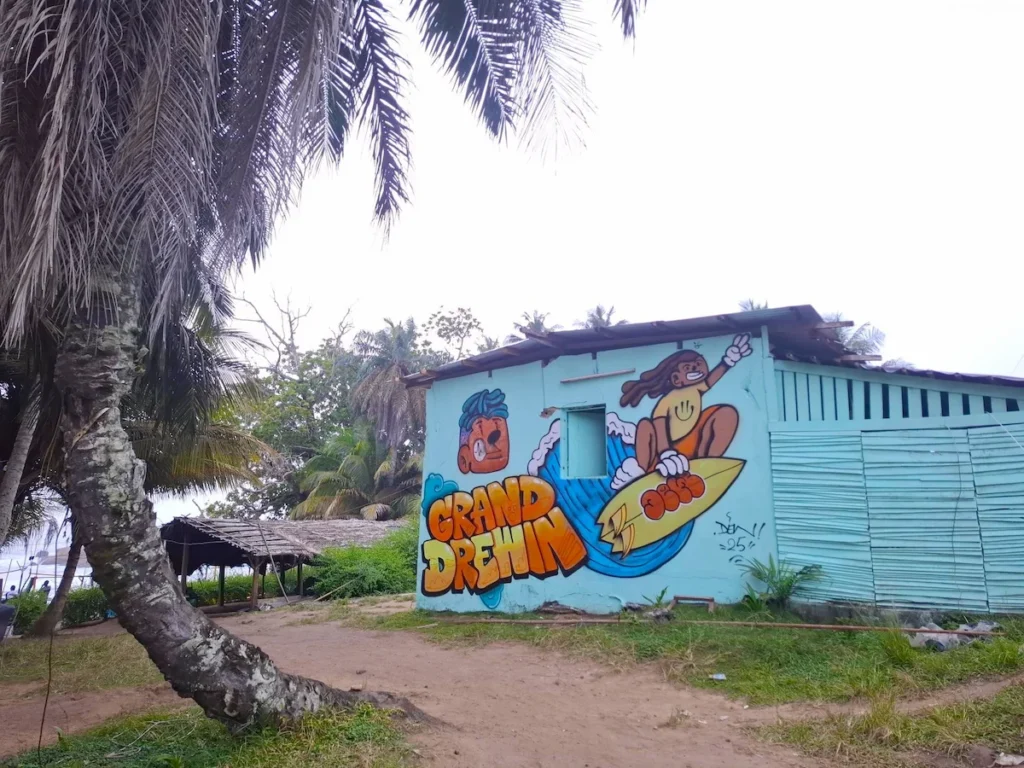 Mur en bois peint d’un graffiti coloré à Grand Drewin, près de la plage de Sassandra, sous les palmiers.
