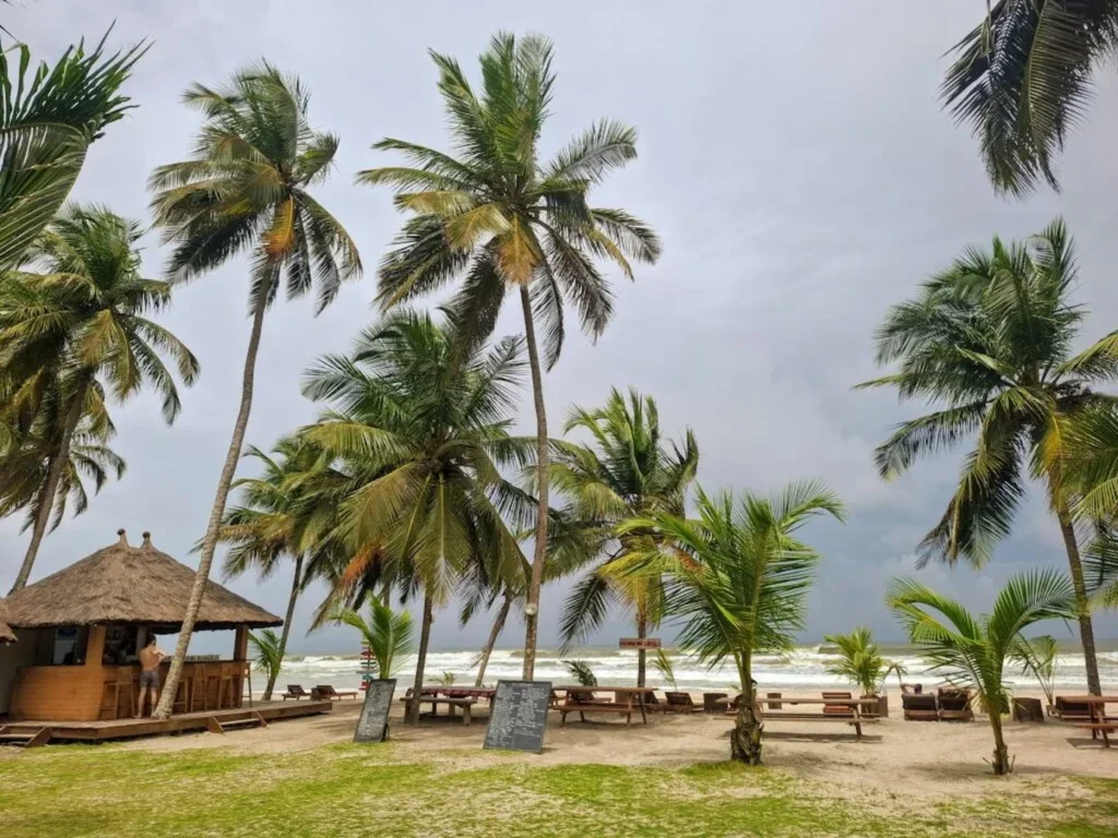Assinie-Côte d’Ivoire-Plages-de-rêve-et-activités-clés-hotels-pampa-beach Vue du bar et des cocotiers face à la mer, à l’hôtel Pampa Beach