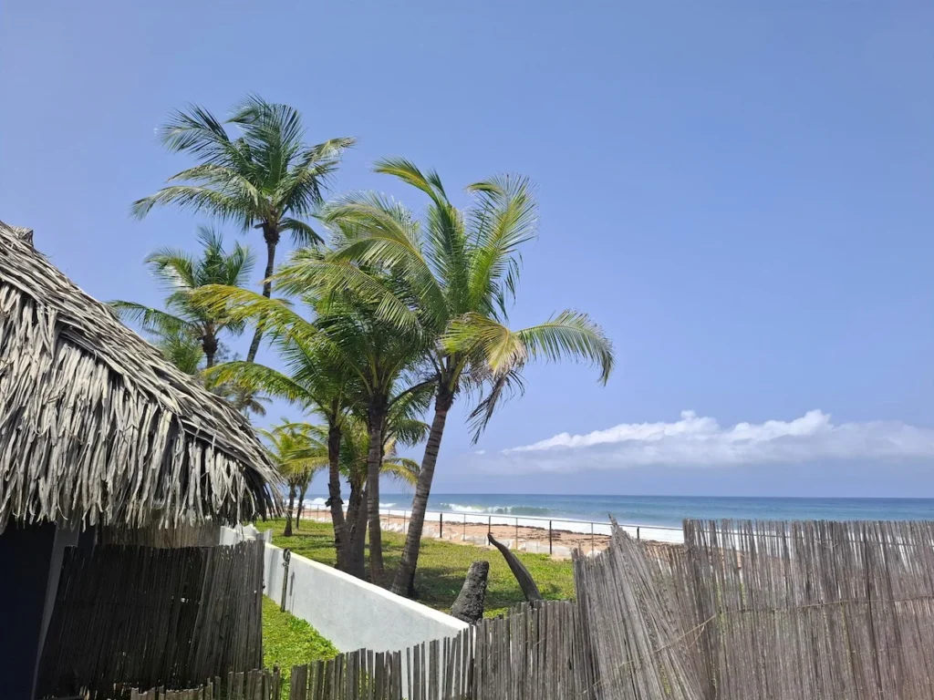 Visiter-Grand-Bassam-Cote-dIvoire-plages-culture-hotel Palmiers et plage lumineuse à Grand-Bassam en Côte d’Ivoire, avec mer calme et ciel bleu en arrière-plan.