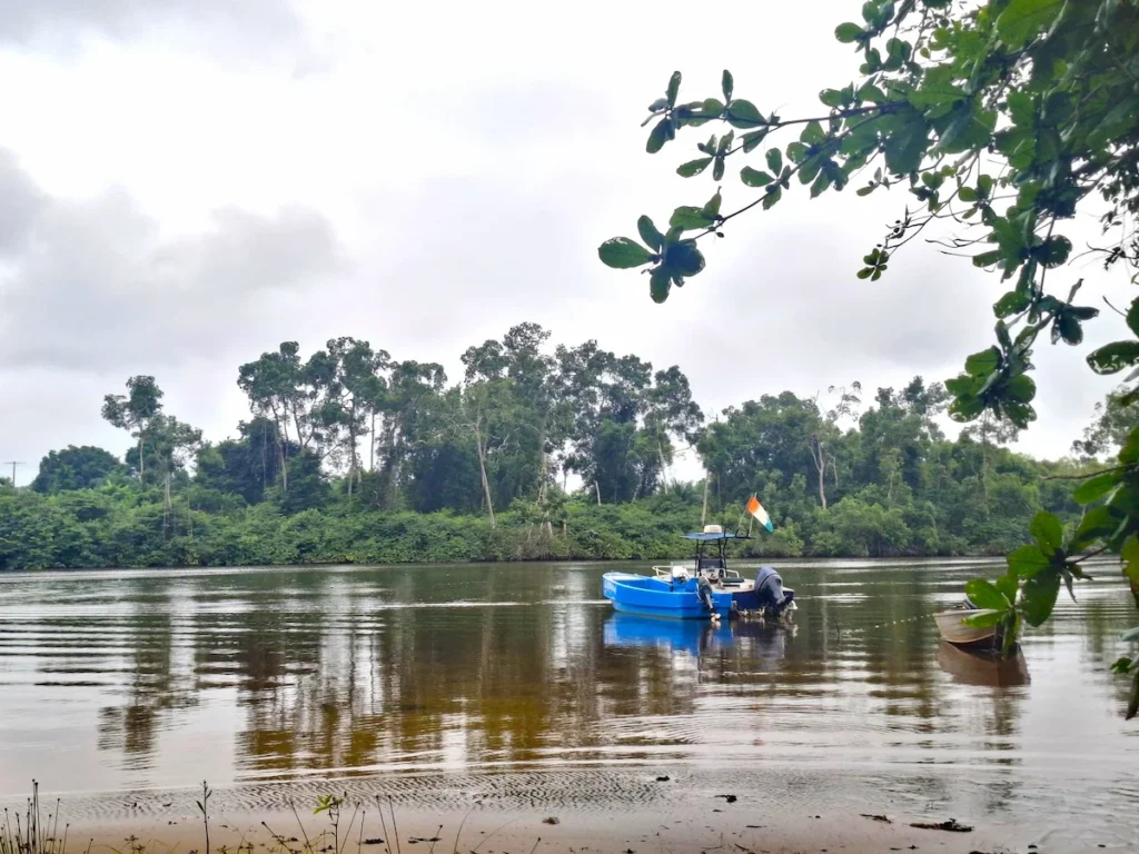 Bateau naviguant sur la lagune de Grand-Béréby, entourée de végétation tropicale et d’eaux calmes.