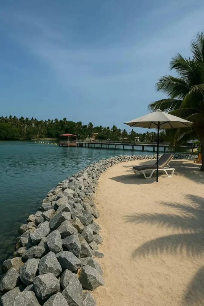 ile-boulay-coconut-grove-lodge Plage du Coconut Grove Lodge à l’île Boulay, avec palmiers et vue sur la lagune.