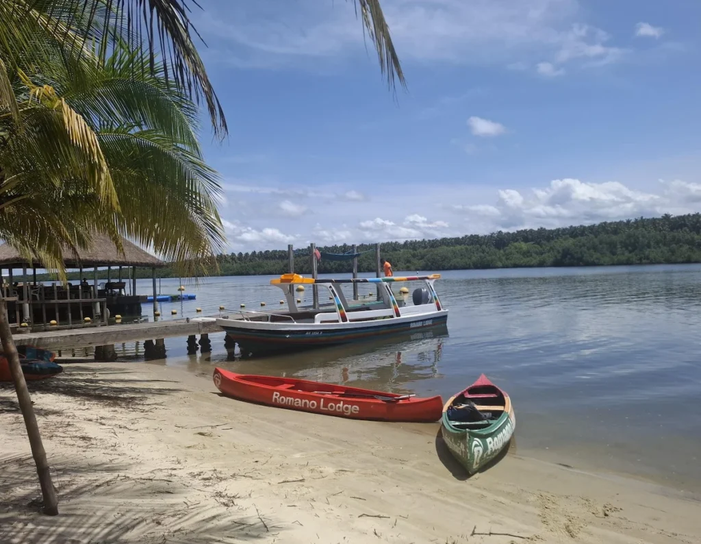 Île-Boulay-Guide-2025-accès-activités-incontournables-romano-lodge-pirogues Pirogues devant le Romano Lodge sur l’île Boulay, au bord de la plage.