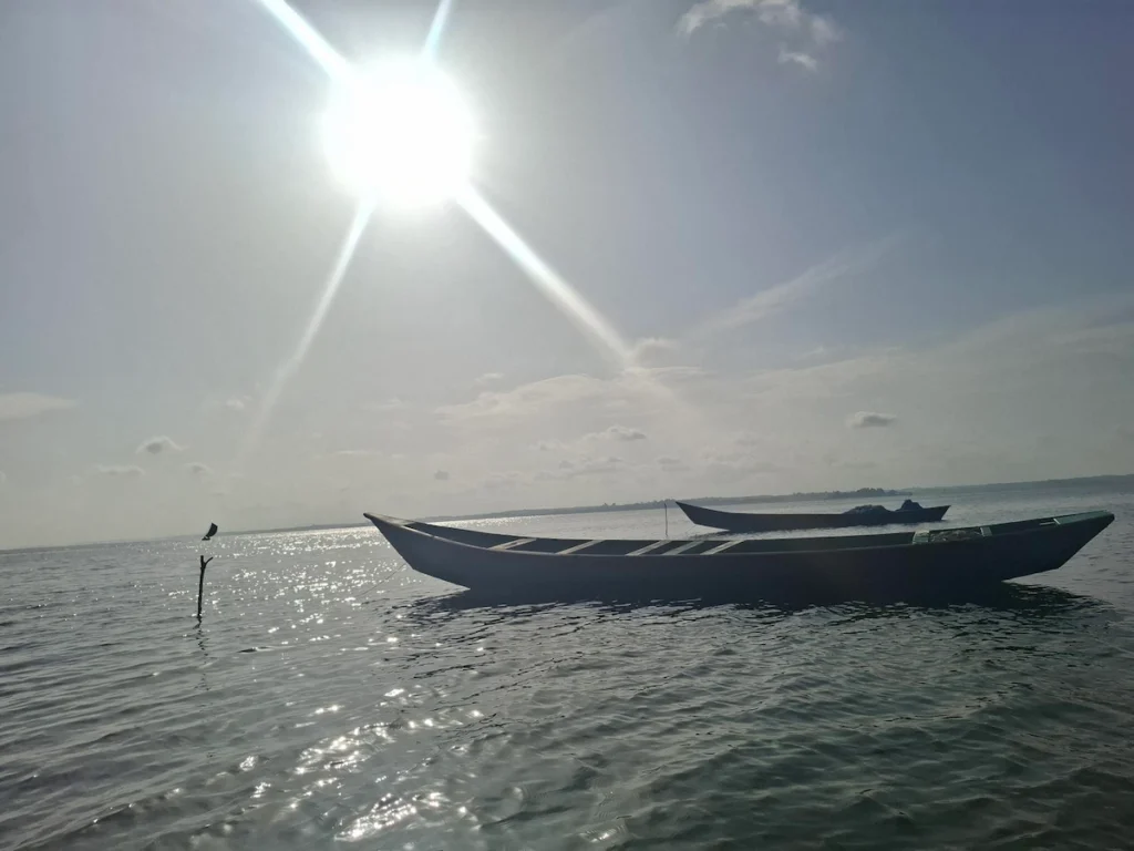 Bateau naviguant sur la lagune de Jacqueville au coucher du soleil, avec reflets dorés sur l’eau et ciel lumineux.