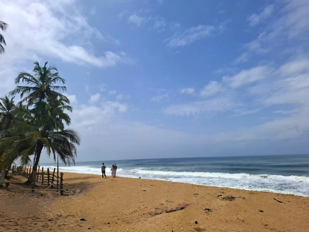 Plage de Jacqueville en Côte d’Ivoire, avec sable doré, palmiers et océan Atlantique sous un ciel bleu.