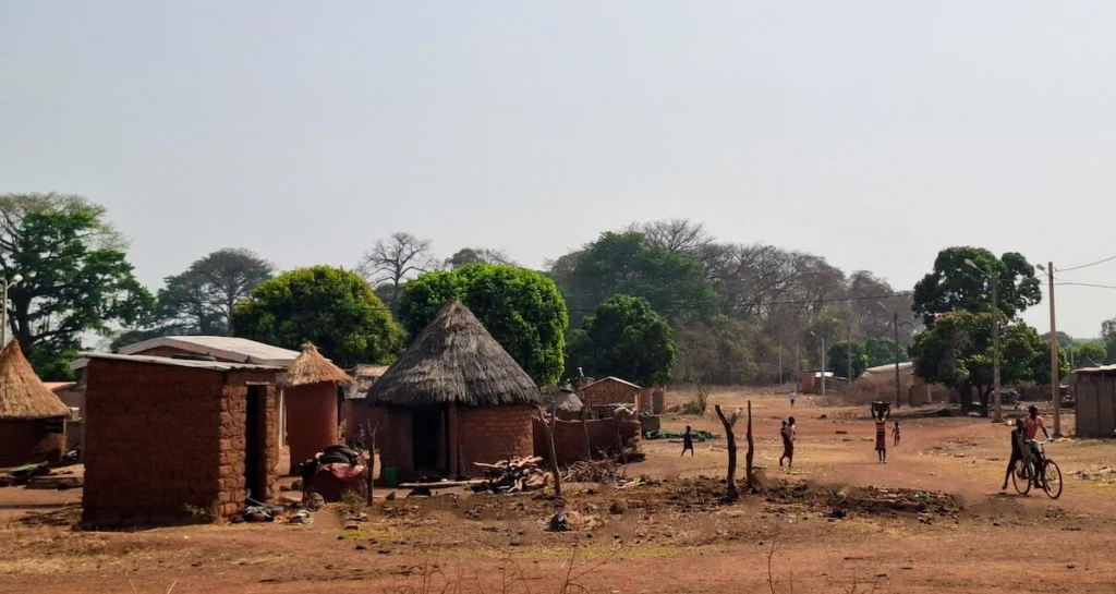Vue du village de Niofoin près de Korhogo, avec cases traditionnelles en terre et collines en arrière‑plan.