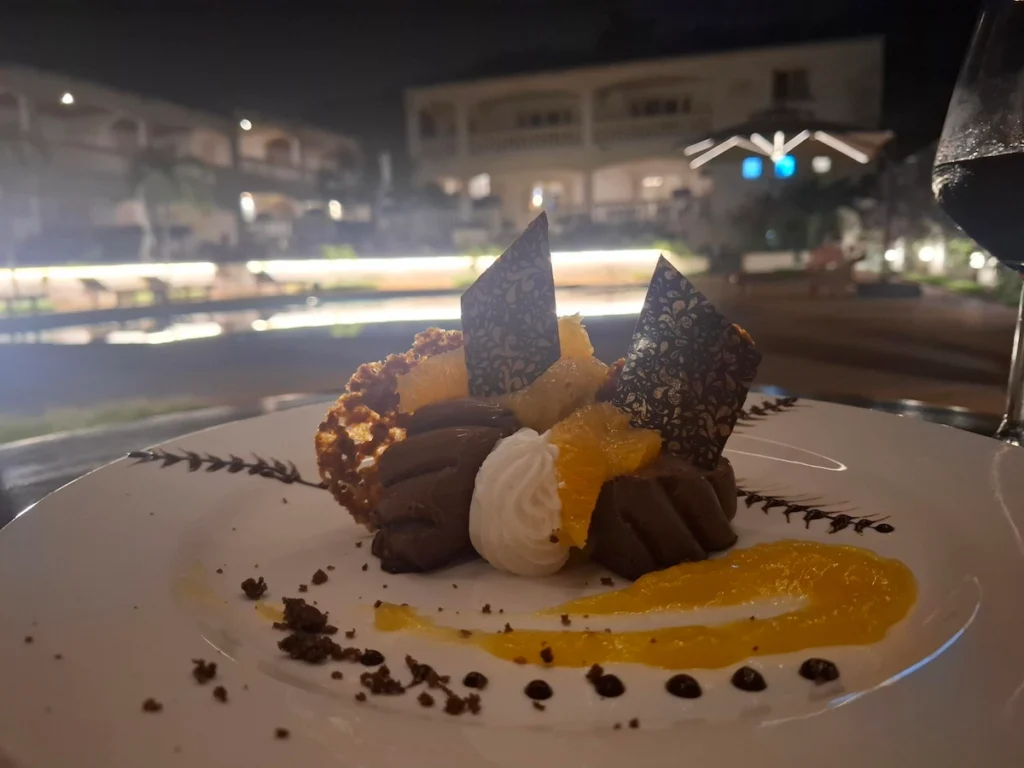 Dessert gastronomique servi à l’hôtel Les Jardins d’Ivoire à San Pedro, composé de chocolat, glace et décorations raffinées sur une assiette élégante. 