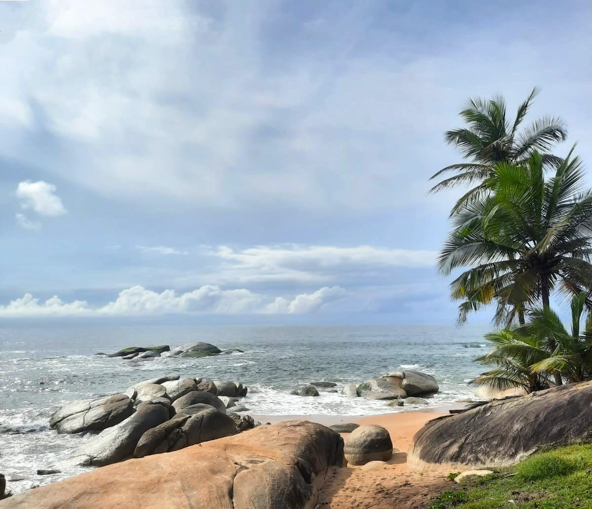Plage de Sassandra en Côte d’Ivoire, avec rochers, palmiers et vagues de l’Atlantique sous un ciel clair.