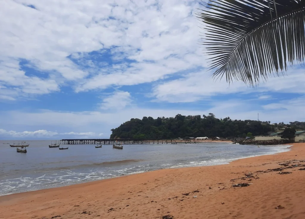 Vue depuis la plage de Sassandra avec le wharf ancien visible au loin, des pirogues sur l’eau et des palmiers en bord de côte.