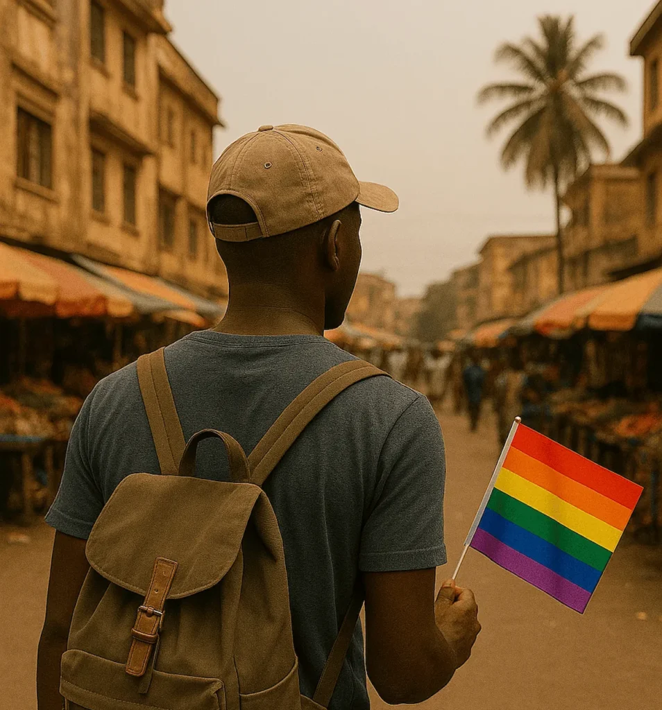 Personne marchant en ville avec un sac à dos et tenant un drapeau arc‑en‑ciel, dans une rue bordée de bâtiments et de palmiers. 