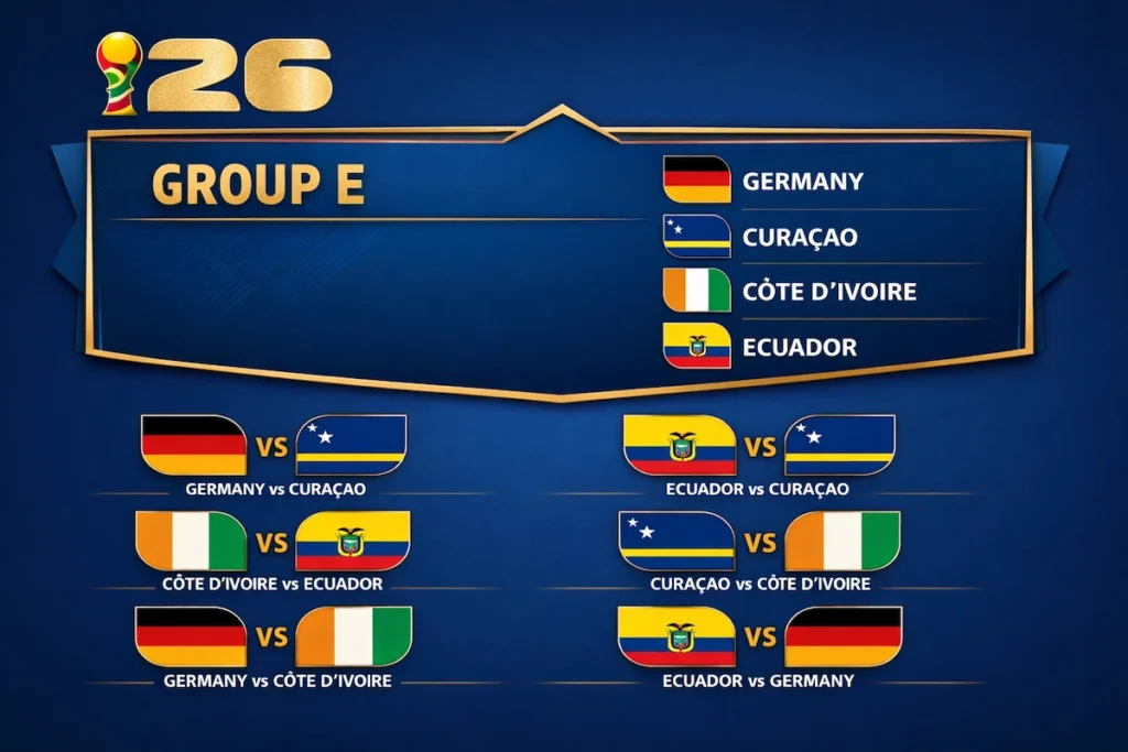 Groupe E – Coupe du Monde 2026, graphique avec l’Allemagne, Curaçao, la Côte d’Ivoire et l’Équateur.