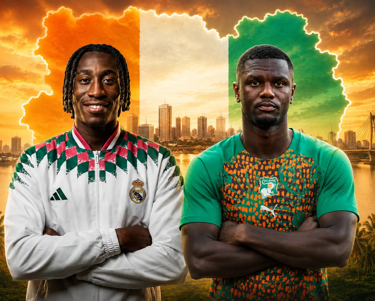 Two Nigerian footballers pose with arms crossed in front of a Nigeria map backdrop and Lagos skyline; one wears a Real Madrid jacket, the other a green Nigerian jersey.